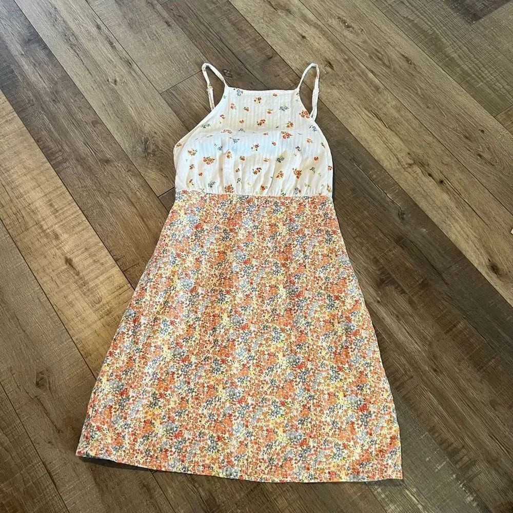 American Eagle White Orange Floral High Neck Mini Dress Size XS
